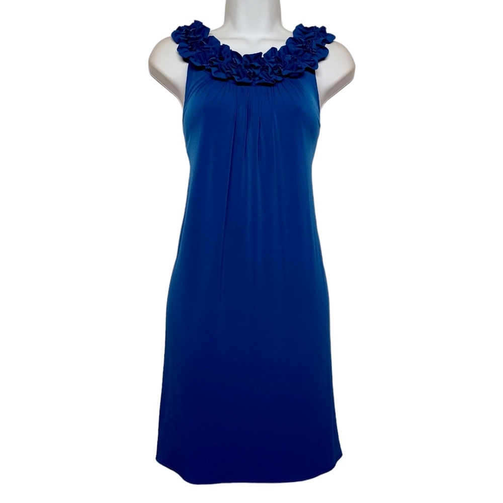 LONDON TIMES Royal Blue Ruffle Floral Neckline Sleeveless Stretchy Shift Dress M